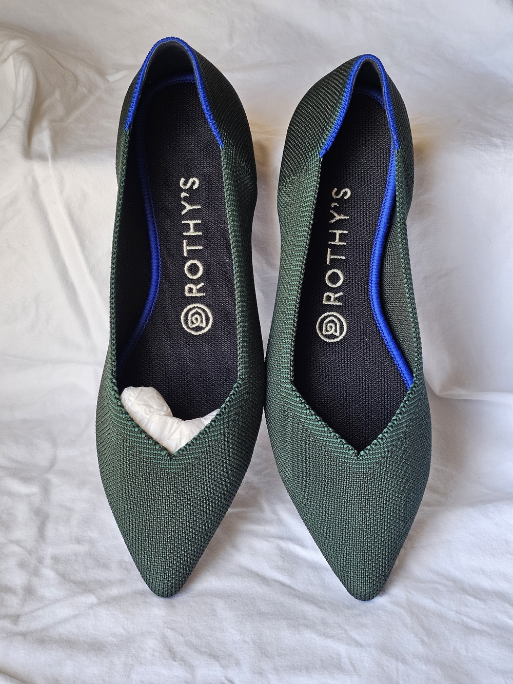 Rothy's Women's Forest Green Pointed Knit Flats with Blue Trim